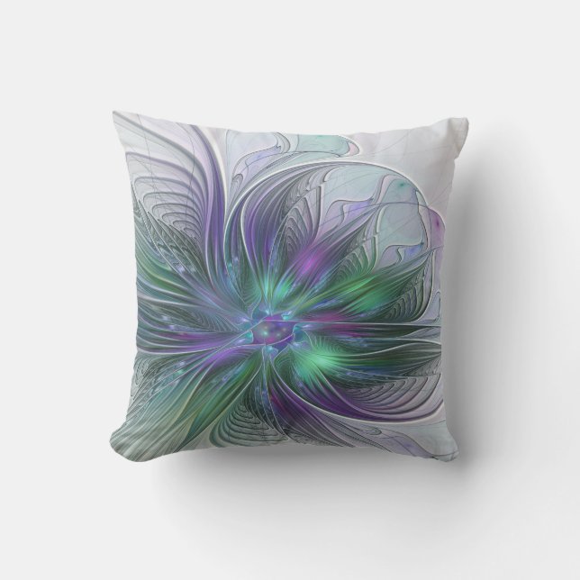 Coussin Fleur Abstraite Moderne Fractale Verte Violette (Recto)