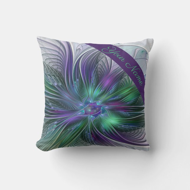 Coussin Fleur Abstraite Moderne Fractale Violet Vert Nom (Recto)
