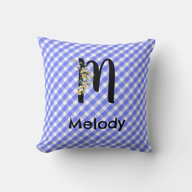 Coussin Fleur aquarelle à motif gingham bleu monogramme (Recto)