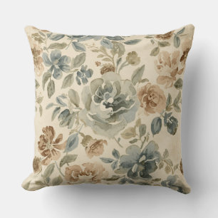 Coussin Fleur aquarelle bleu antique brun sage beige