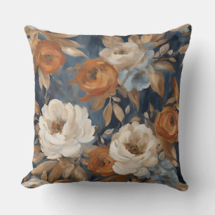 Coussin Fleur aquarelle bleu marine orange brûlé