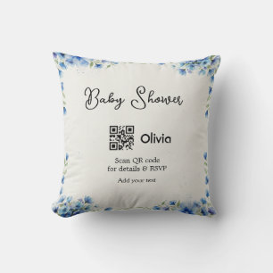 Coussin Fleur aquarelle bleue bébé shower scan QR RSVP pa