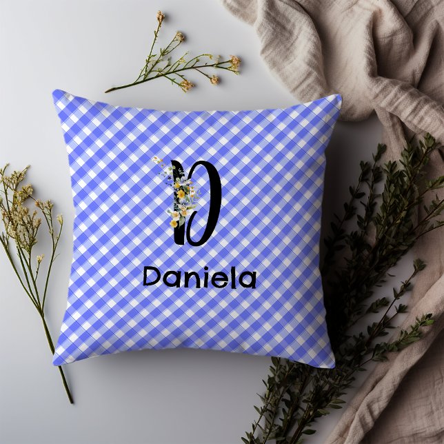 Coussin Fleur aquarelle monogramme gingham bleu minimalist (Créateur téléchargé)