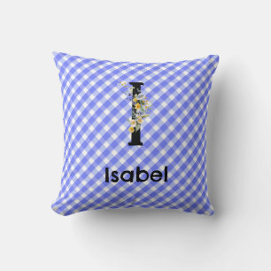 Coussin Fleur aquarelle monogramme motif gingham bleu