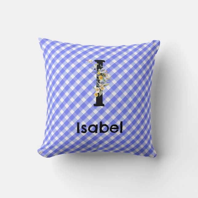 Coussin Fleur aquarelle monogramme motif gingham bleu (Recto)