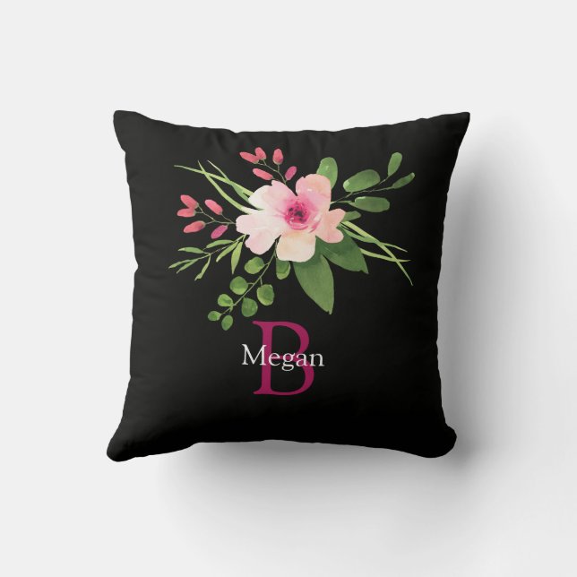 Coussin Fleur aquarelle, nom et monogramme sur fond noir (Verso)