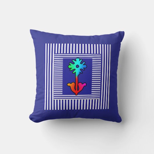 Coussin Fleur Arc-en-ciel à rayures bleues et blanches au (Recto)