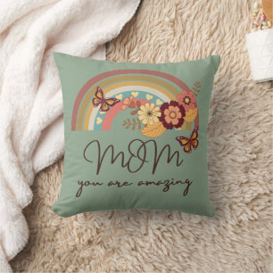Coussin Fleur arc-en-ciel rétro moderne, MAMAN tu es incro