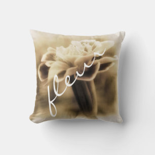 Coussin fleur avec texte français sepia nature photo art