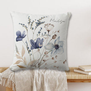 Coussin Fleur bleue à l'aquarelle élégante et chic avec mo