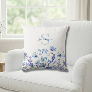 Coussin Fleur Bleue Sauvage Monogramme Nom Aquarelle