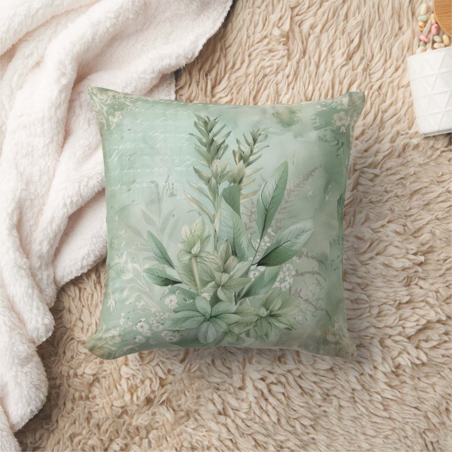 Coussin Fleur botanique verte menthe vintage (1) (Couverture)