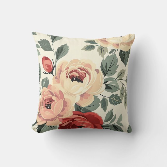 Coussin Fleur chic romantique botanique crème rouge vintag (Recto)
