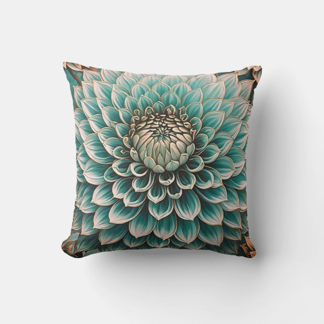 Coussin Fleur Dahlia en Art numérique bleu Aqua Turquoise (Recto)