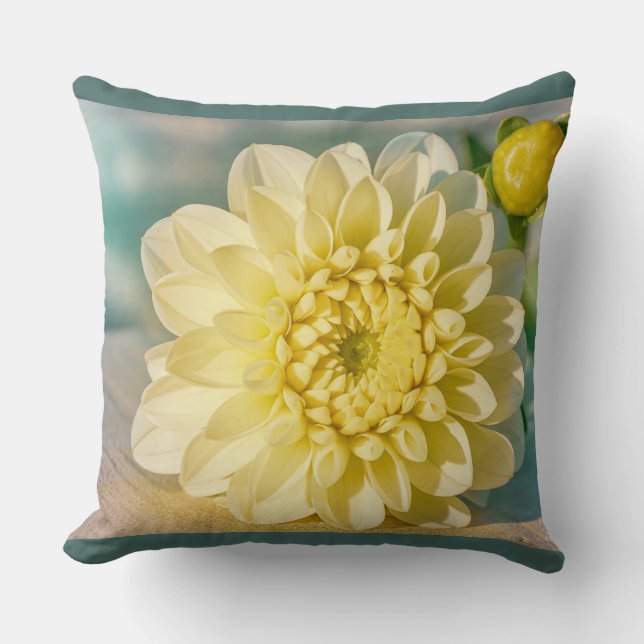 Coussin Fleur Dahlia jaune sur Arrière - plan Turquoise fo (Recto)