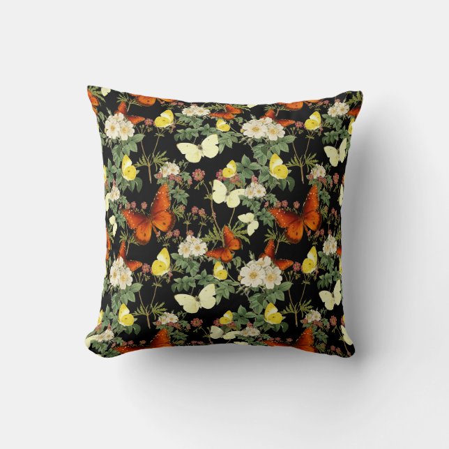 Coussin Fleur d'Apple et papillons Arrière - plan noir (Recto)