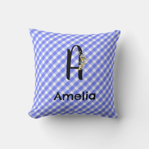 Coussin Fleur d'aquarelle de monogramme en vichy motif ble