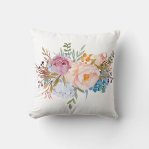 Coussin Fleur d'aquarelle romantique, floral bohème, bleu