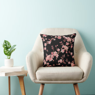 Coussin Fleur de cerisier japonais Floral Blush Rose Noir