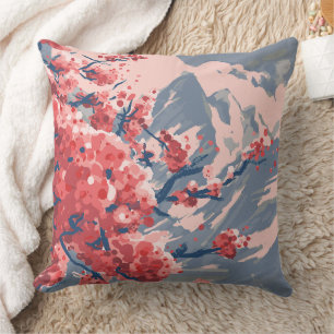 Coussin Fleur de cerisier japonaise et montagne - œuvre d'