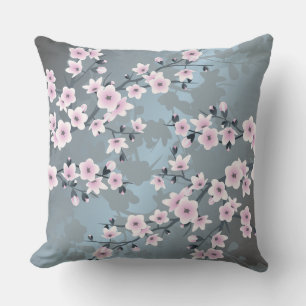 Coussin Fleur de cerisier rose gris-bleu floral