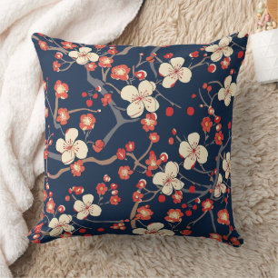 Coussin Fleur de Cerisier Rouge Navy Floral Japonais