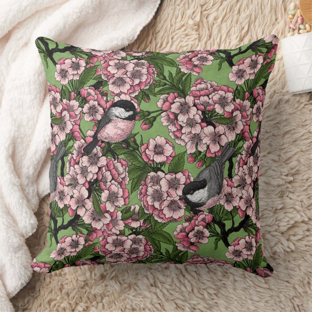 Coussin Fleur de cerisiers et poulets verts (Couverture)
