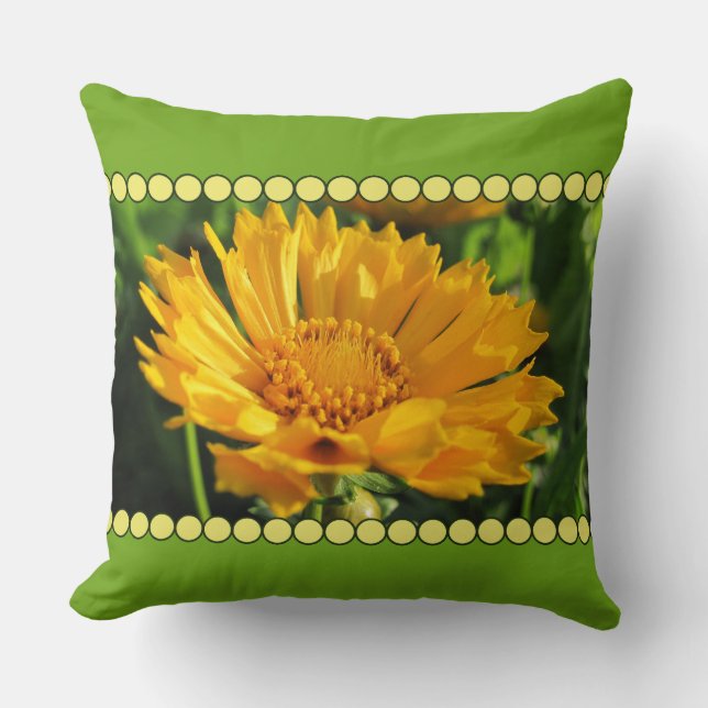 Coussin Fleur de Coreopsis jaune avec bordure de perles (Recto)