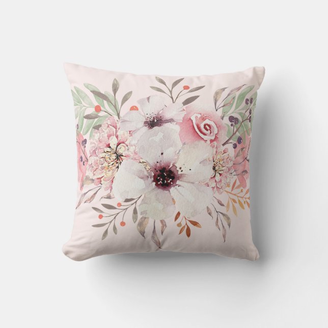 Coussin Fleur de couleur rose blush à l'aquarelle moderne (Recto)