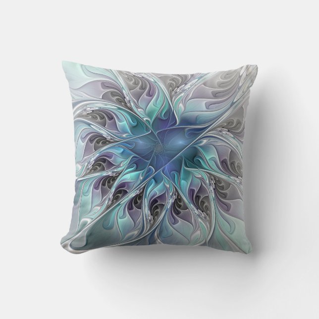 Coussin Fleur de fractale moderne abstraite avec du bleu (Recto)