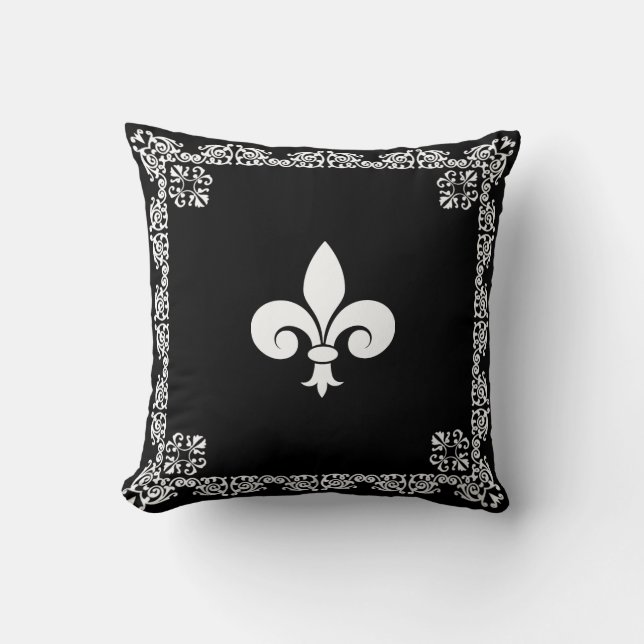 Coussin Fleur de Lis blanche et cadre sur fond noir (Recto)