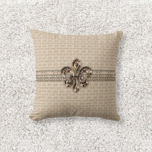 Coussin Fleur de Lis d'or avec motif Damas de crème
