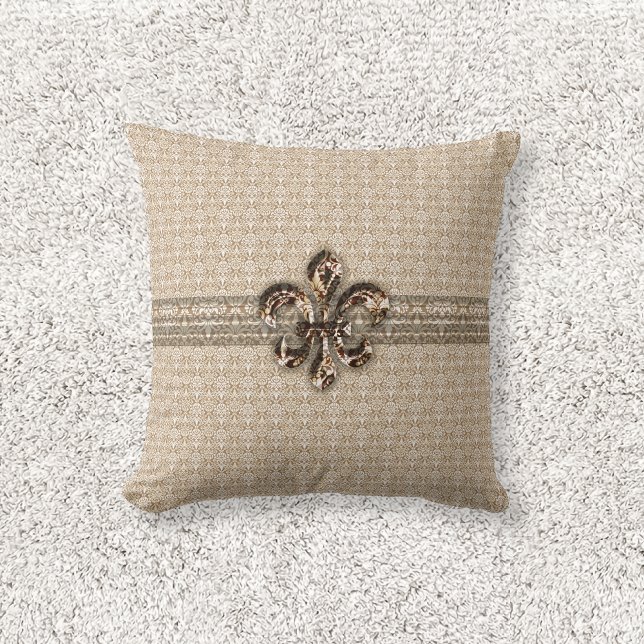 Coussin Fleur de Lis d'or avec motif Damas de crème (Créateur téléchargé)
