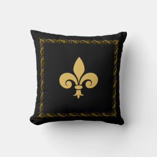 Coussin Fleur de Lis dorée avec cadre floral sur fond noir
