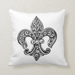 Coussin Fleur de lis en dentelle noir et blanc vintage