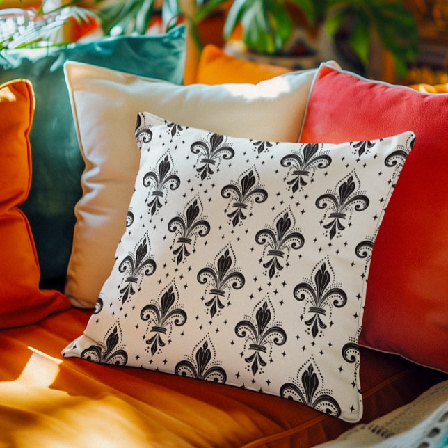 Coussin Fleur de lis noir motif sans soudure à jetée blanc (Créateur téléchargé)