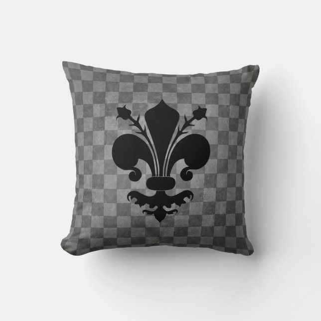 Coussin Fleur de Lis noir sur motif en damier gris (Recto)