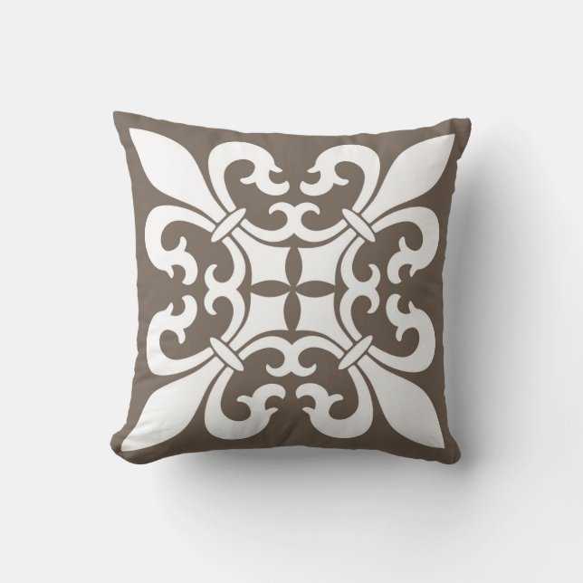 Coussin Fleur de lis Symbols dans le blanc sur le Taupe (Recto)
