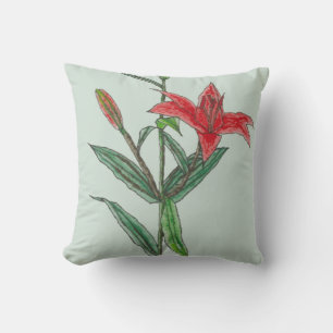Coussin Fleur de lys tigré rouge orange sur fond bleu vert