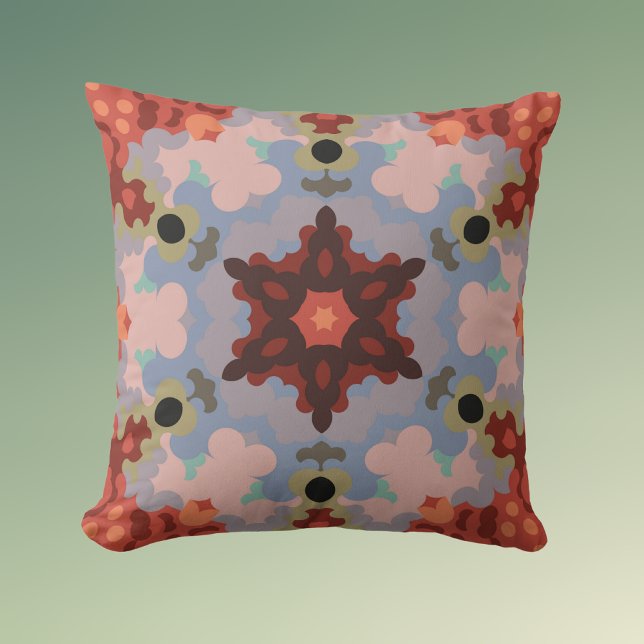 Coussin Fleur de Mandala bleu et rouge (Créateur téléchargé)