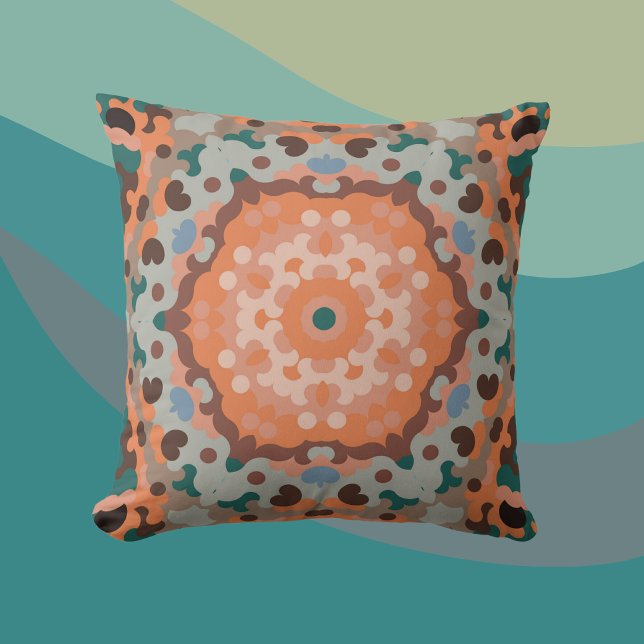 Coussin Fleur de Mandala Retro Bleu orange et Brown (Créateur téléchargé)