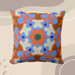 Coussin Fleur de Mandala rétro bleu orange et jaune