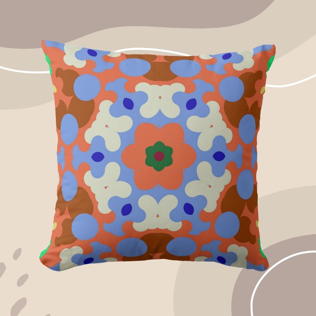 Coussin Fleur de Mandala rétro bleu orange et jaune (Créateur téléchargé)