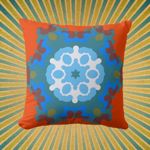 Coussin Fleur de Mandala rétro orange blanc et bleu