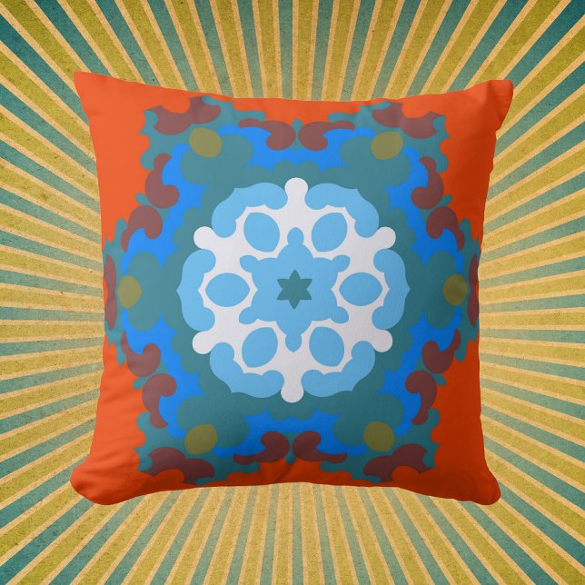 Coussin Fleur de Mandala rétro orange blanc et bleu (Créateur téléchargé)