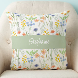 Coussin Fleur de Monogramme de Nom Aquarelle Orange Verte