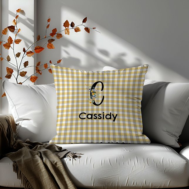 Coussin Fleur de monogramme en vichy motif gris bleu (Créateur téléchargé)