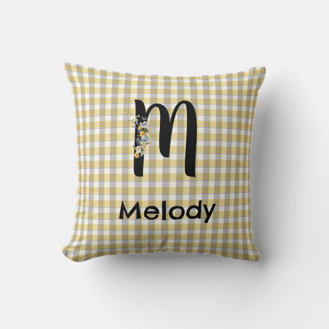 Coussin Fleur de monogramme gingham jaune gris motif (Recto)