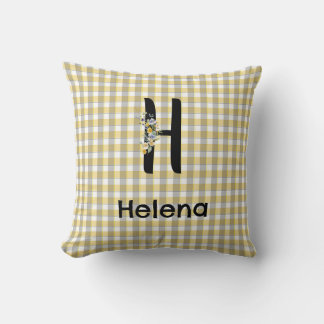 Coussin Fleur de monogramme gingham jaune gris motif