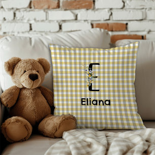 Coussin Fleur de monogramme rétro gingham bleu gris